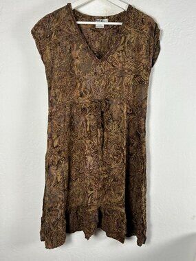 Hand Kreation Women Brown Batik Paisley V-Neck Mini Dress Large Drawstring Waist